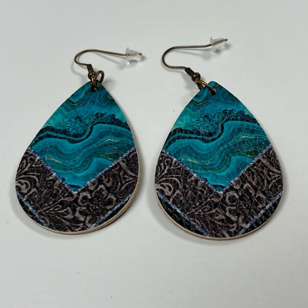 Earrings dangle statement vegan‎ leather teardrop western mom grandma daughter